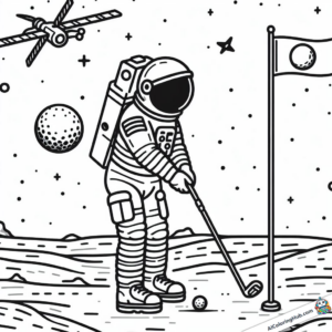 Grafica da colorare Un astronauta gioca a golf su un asteroide