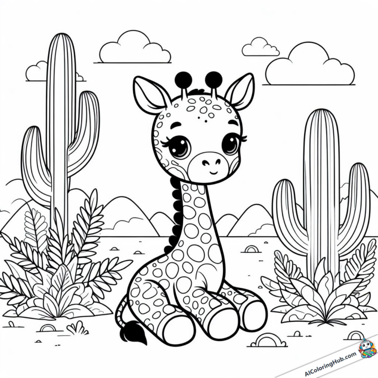 Immagine da colorare Bambino giraffa seduto tra 2 cactus