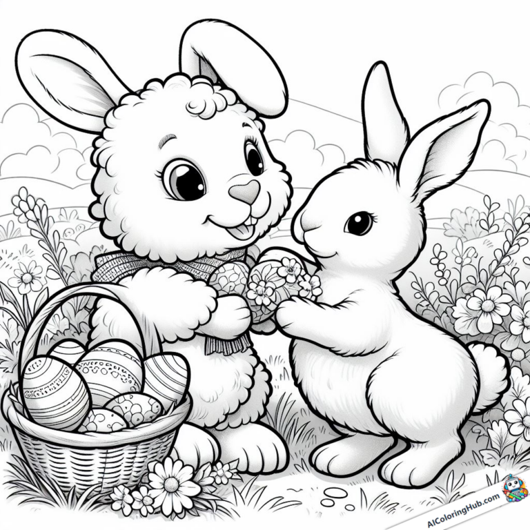Disegno Due conigli con un cestino pieno di uova di Pasqua