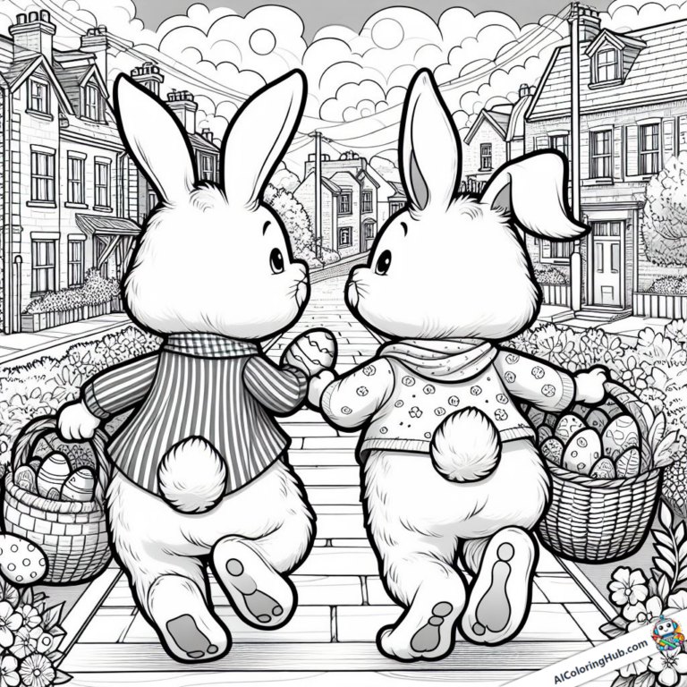 Grafica da colorare due conigli con un cesto pieno di uova che corrono sulla strada