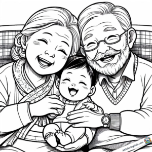Immagine da colorare Il nonno e la nonna si coccolano con il nipote