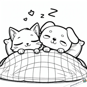 Página para colorir Cão e gato compartilham uma cama