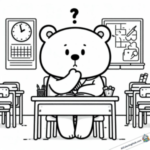 Página para colorir Urso perplexo na carteira da escola