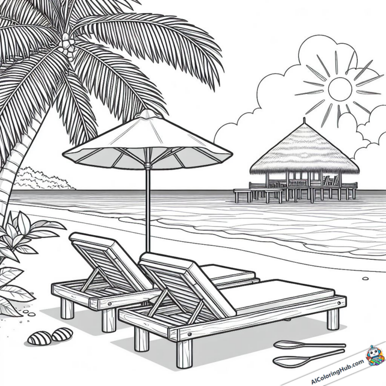 Página para colorir Espreguiçadeiras na praia sob as palmeiras
