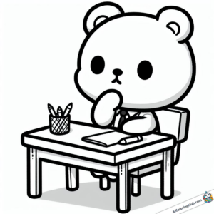 Imagem para colorir Bear senta-se impotente em sua mesa
