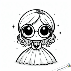 Página para colorir Garota com vestido e óculos enormes