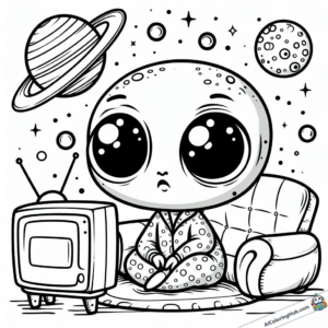 Desenho O alienígena se senta em frente à TV