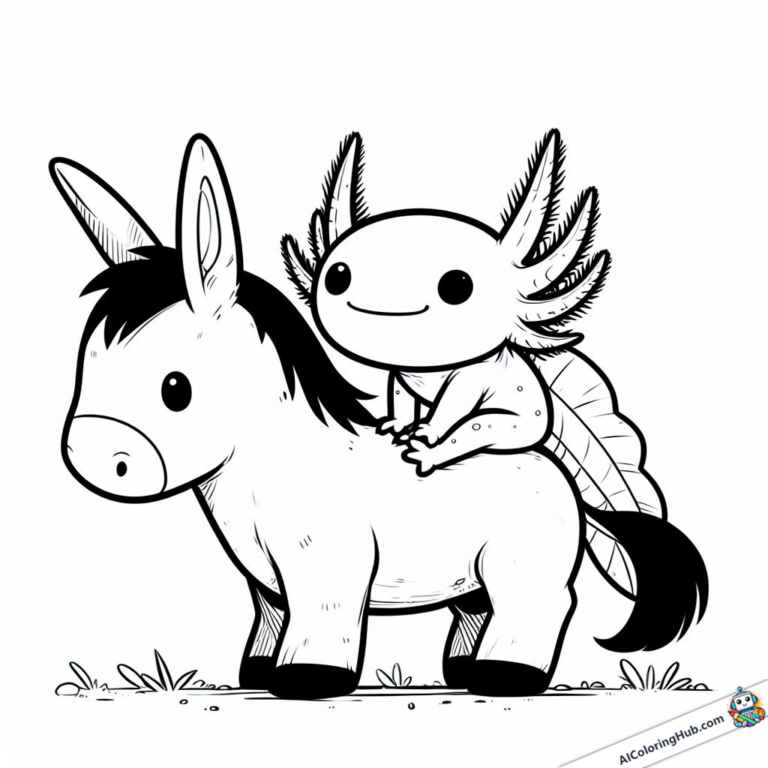 Imagem para colorir Axolotl brinca com um burro