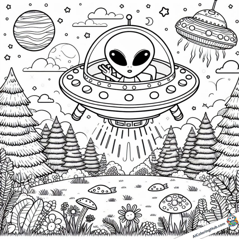 Imagem para colorir O alienígena aterrissa em uma clareira