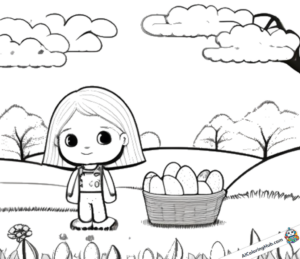 Desenho Menina em um prado com um ninho de Páscoa