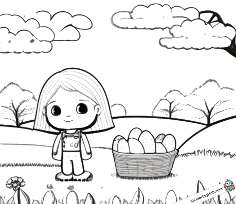 Desenho Menina em um prado com um ninho de Páscoa