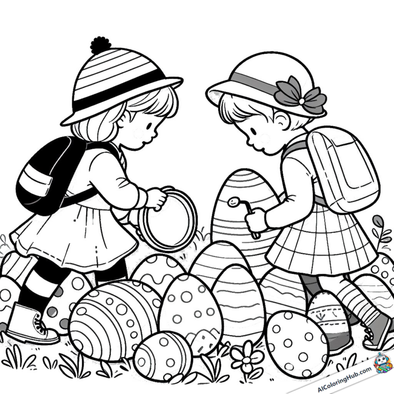 Imagem para colorir Crianças com uma montanha de ovos de Páscoa
