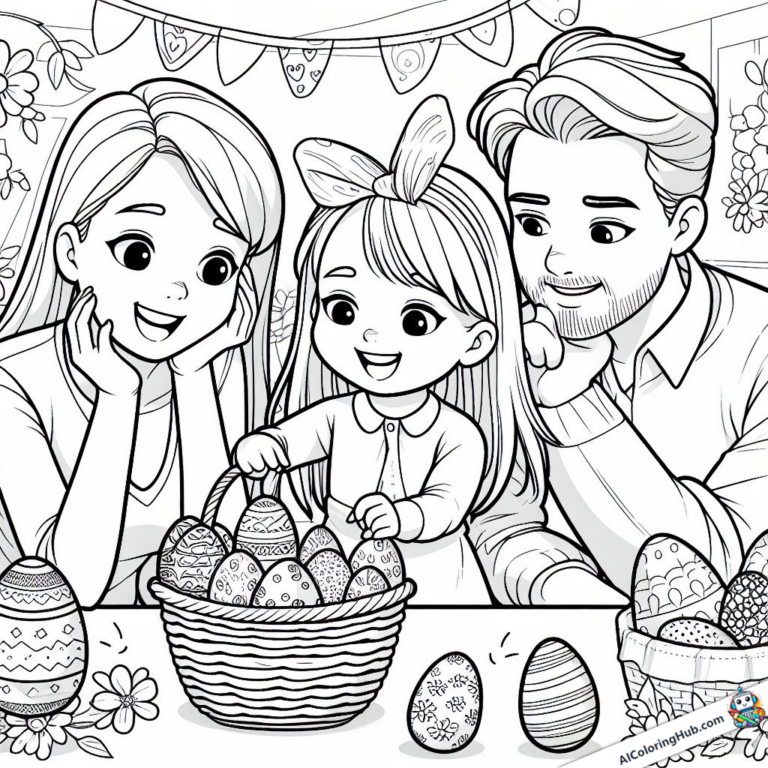 Imagem para colorir Menina e sua família aproveitam o ninho de Páscoa