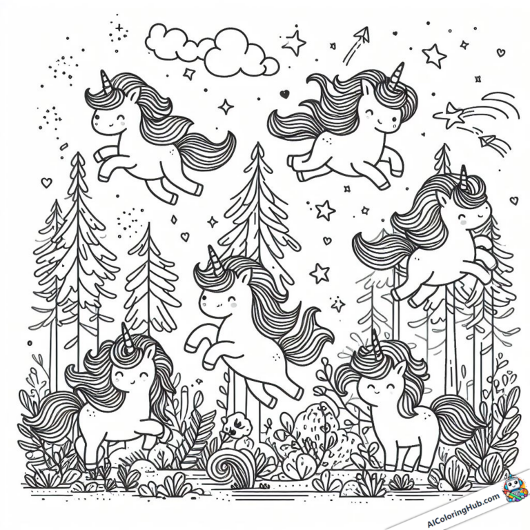 Zeichnung fliegende Einhörner im Wald