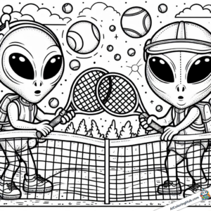 Ausmalgrafik Aliens beim Tennis