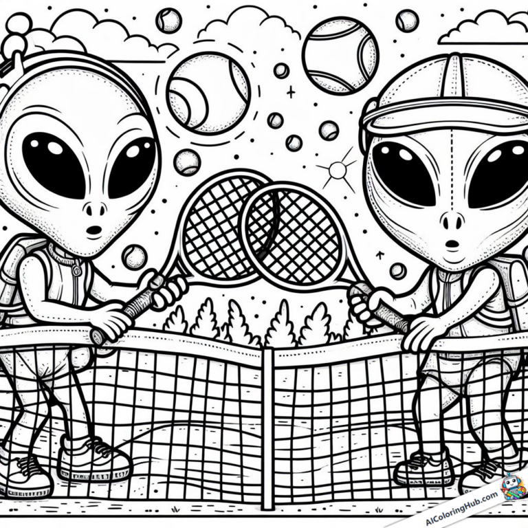 Ausmalgrafik Aliens beim Tennis