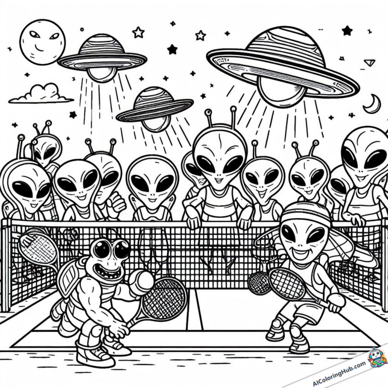 Ausmalgrafik Aliens beim Tennisspiel