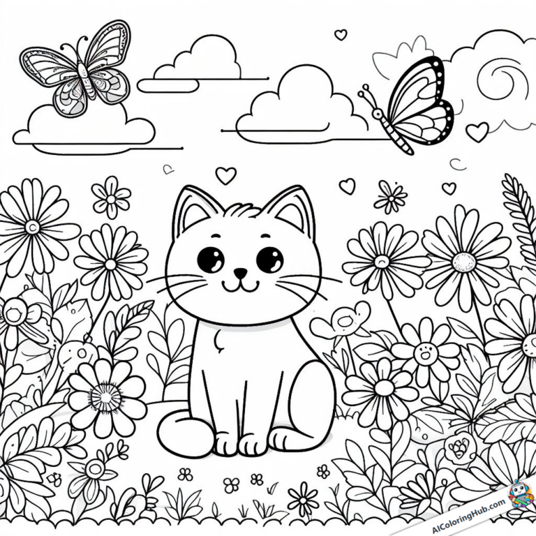 Ausmalgrafik Katze mit Blumen und Schmetterlingen