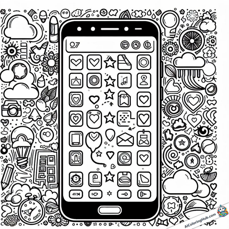 Ausmalgrafik Smartphone mit dutzenden Apps