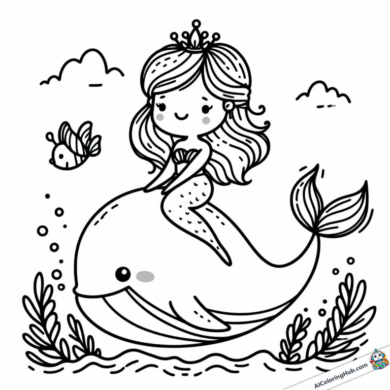 Ausmalgrafik kleine Meerjungfrau reitet auf Wal