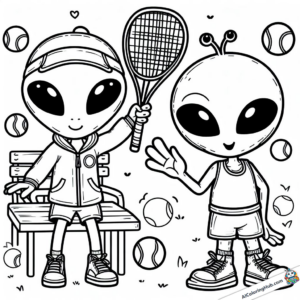 Zeichnung winkende Aliens auf dem Weg zum Tennis