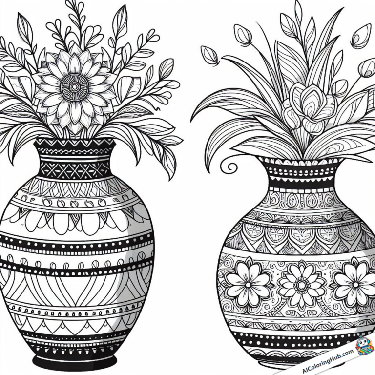Zeichnung zwei Vasen mit Blumen und Mustern
