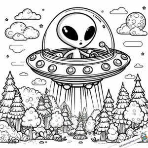 Zeichnung Alien fliegt über Wald