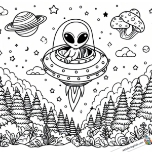 Zeichnung Alien startet mit Ufo